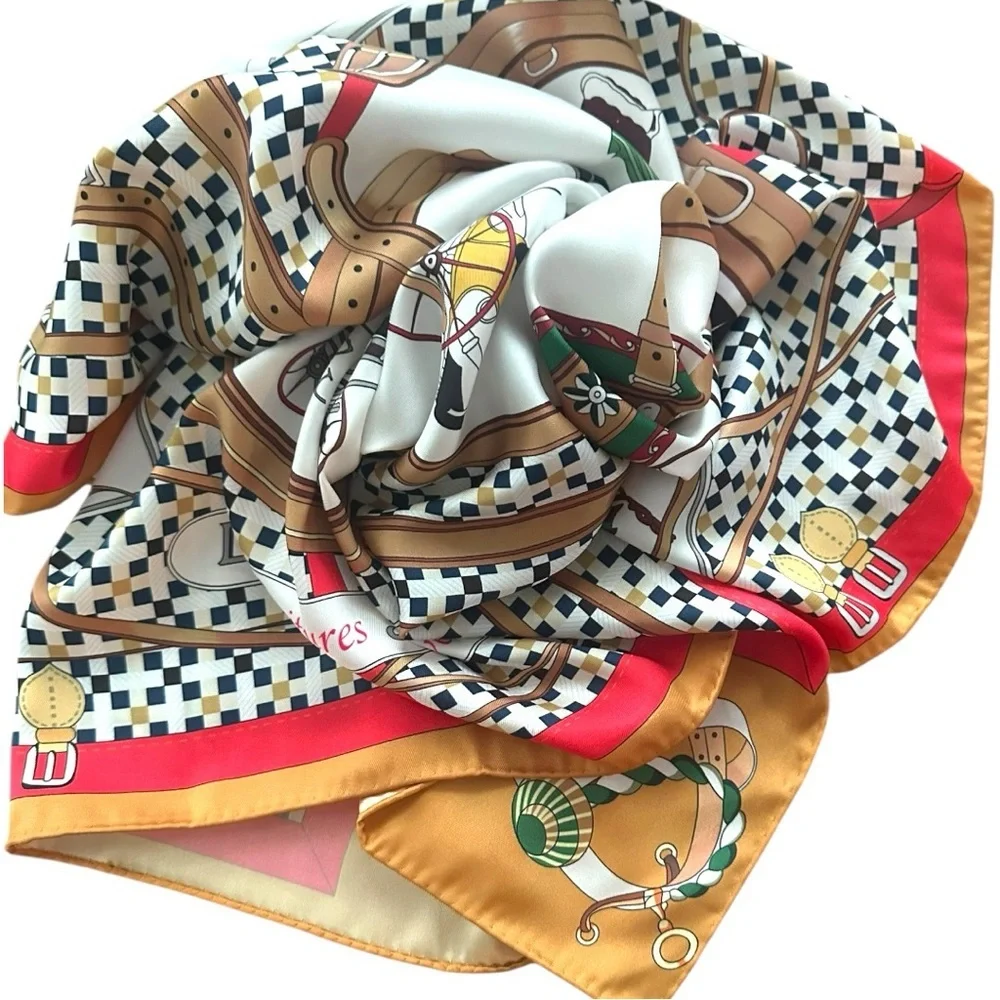 Hermès “Les Voitures Nouvelles” Silk Carré 90 Scarf Gold Brown Red Carriage - Picture 12 of 13